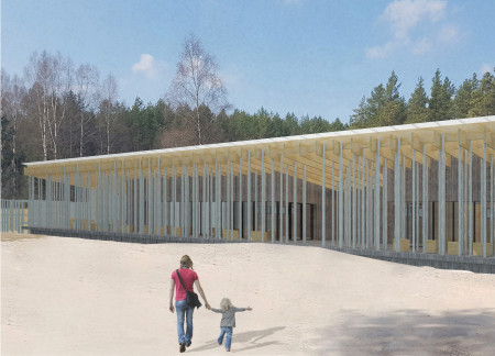 Visitor center featuring cross-laminated timber panels and a butterfly roof within a natural landscape