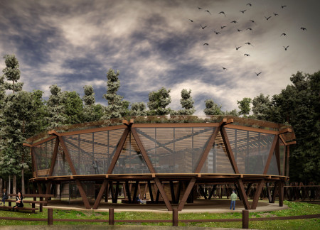 Elevated Visitor Center Crafted with Timber and Glass Emphasizing Ecological Integration