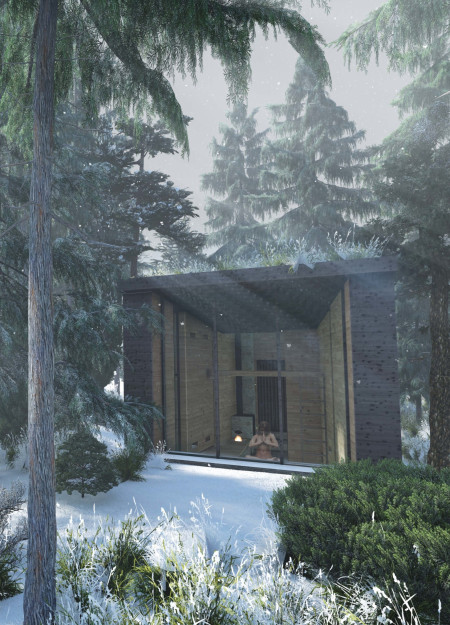 Meditation retreat featuring cross-laminated timber and charred wooden shingles designed for sustainable living.