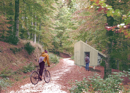 Charred Wooden Shingles and Cross-Laminated Timber Panels Create Sustainable Cyclist Rest Area  