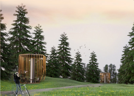 Hexagonal Aluminum Cabins Featuring Recycled Materials for Community-Centric Cyclist Waystations