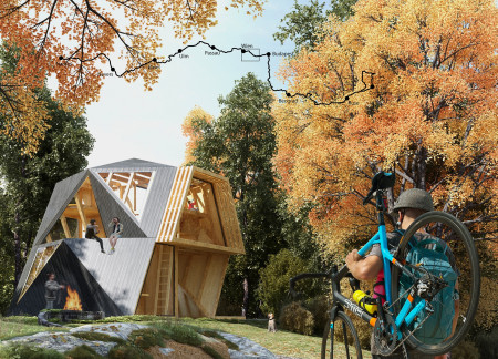 Charred Wooden Shingles and Plywood Create Modular Cyclist Rest Stops Integrated Into Nature
