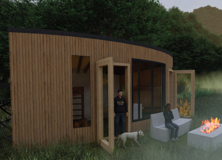 Curvilinear Design With Recycled Wood and Bamboo Integration for Sustainable Community Rest Stop
