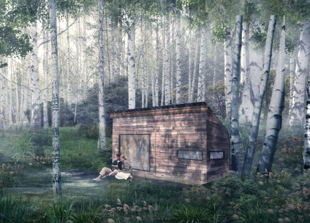 Rainwater Harvesting Cabin with Birch Bark Shingles and Plywood Interiors for Tranquil Living