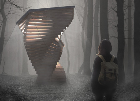 Twisted Frames of Norway Spruce Illuminate a Meditative Space in the Forest
