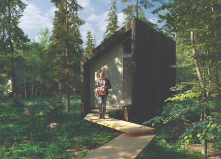 Cedar Cladding and Helical Foundations Create A Sustainable Retreat in Woodland Setting