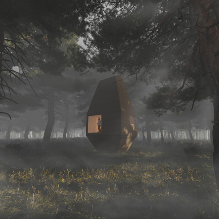 Teardrop Shaped Retreat Crafted from Pine Timber and Amorphous Silicon Panels Nestled in a Forest Setting