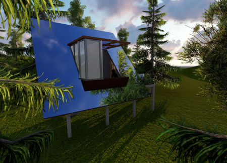 Elevated Cabins with Reflective Surfaces and Local Granite Emphasizing Meditative Retreats