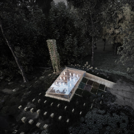 Reflective Glass and Tublu Brick Cabin Seamlessly Blending into the Latvian Forest