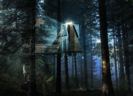 Triangular Cabins Elevated Among Trees With White Oak And Double Glazing In A Norwegian Forest  