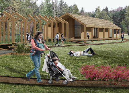 Natural Wood Beams Complement Elevated Structure Within A Community-Centric Visitor Center  