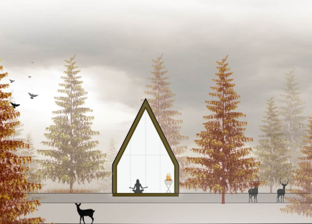 Sustainable retreat featuring cross-laminated timber panels and charred wooden shingles in a forest setting