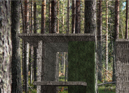 Seamless Integration of Moss Cladding and Bark Panels in a Forest Retreat