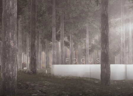 Reflective Glass Walls and Vertical Pillars in a Tranquil Meditation Cabin