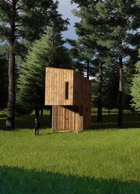 Light-Filtering SPF Wood Cabin Featuring Energy-Efficient Double Glazing and Flexible Living Spaces