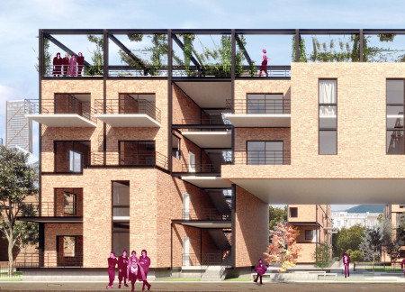 Charred Wooden Shingles and Prefabricated Red Brick Create Versatile Urban Living Spaces  