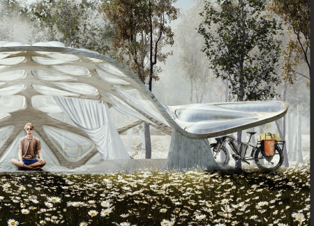CNC-Milled Timber Shelters with Air Cushions Providing Rest Stops for Cyclists  