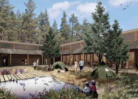 Charred Wooden Shingles and Timber Canopy Enhancing Visitor Engagement in a Natural Landscape  