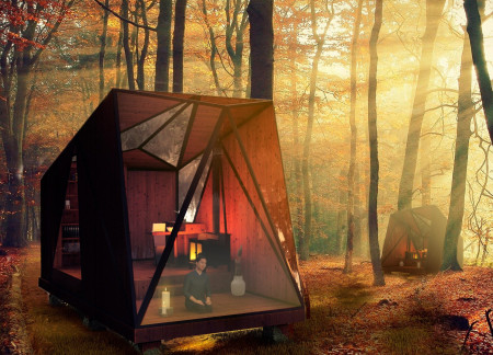 Angular Glass Cabins Crafted from Oak and Teak Embracing Forest Serenity  