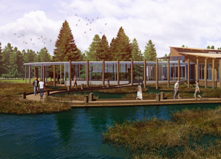 Natural Wood Brown and Glass Facade Integrating Pathways for Ecological Awareness