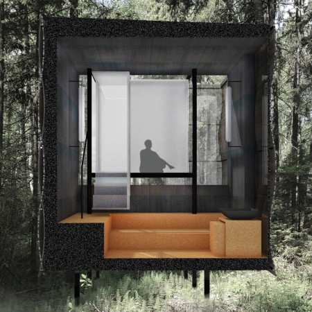 Frosted Glass Retreat Elevated on Corten Steel with Natural Timber Accents  