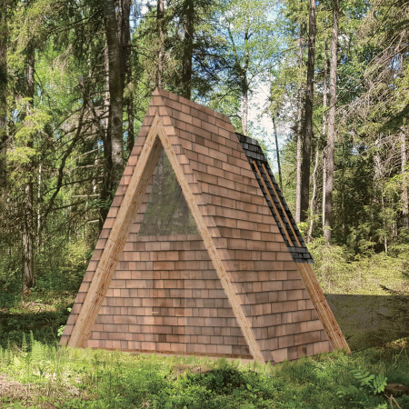 Charred Wooden Shingles and Triangular Forms in a Sustainable Meditation Retreat