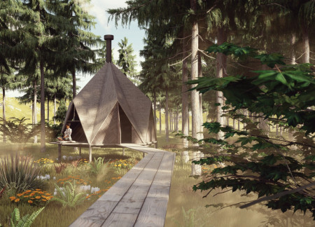 Meditation Cabin with Charred Wood Shingles and Cross-Laminated Timber for Serene Forest Integration