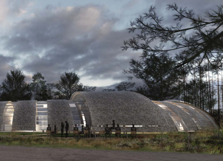 Curvilinear Form Crafted from Weathered Timber and Frosted Glass in an Ecological Learning Hub