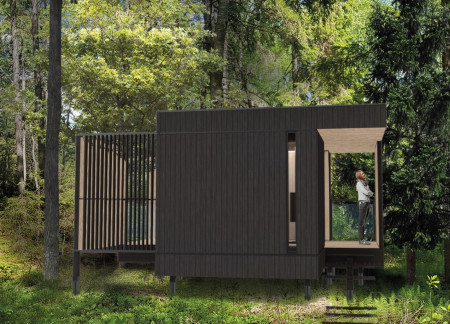 Charred Wooden Shingles Forming A Harmonious Pavilion Retreat Amidst Nature