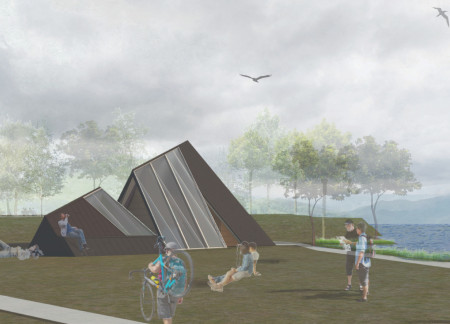 Charred Wooden Shingles and Polycarbonate Lightness in a Community Rest Stop Along the Euro Velo 6 Pathway