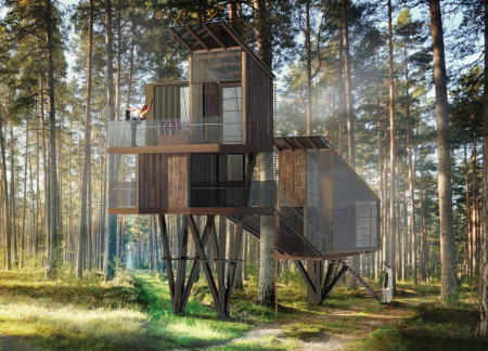 Elevated Retreat Crafted with Cross-Laminated Timber Panels and Charred Wooden Shingles