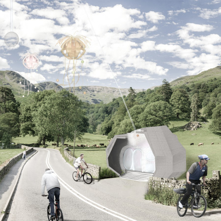 Buoyant Structure of Soft Fabric and Concrete Offering Cyclist Amenities in a Natural Landscape