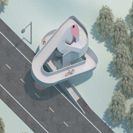Spiraling Concrete Ramp Featuring Perforated Panels and Elevated Viewing Decks for Enhanced Urban Cycling Experience