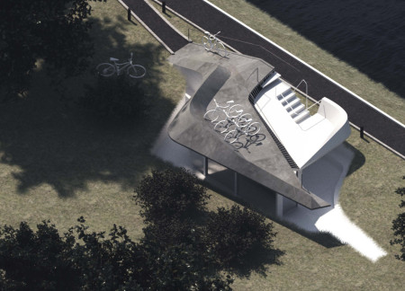 Elevated Roof and Natural Light in a Multi-Functional Concrete and Wood Structure for Cyclists