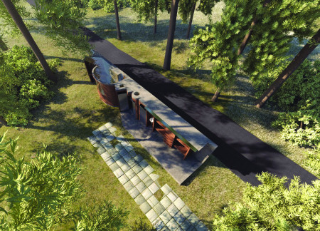 Carved Concrete Wall Integrating Ipe Wood Elements for a Community Cycling Hub