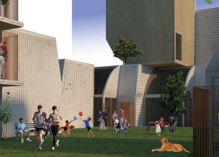 Translucent Glass Facades and Pre-Cast Concrete Modules in Community-Centric Living Spaces  