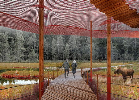Elevated Timber Canopy Embraces Ecological Wetlands in Latvia