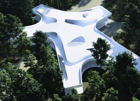 Curvilinear Pavilion Featuring Translucent Glass and Sustainable Concrete Integrated Within Forest Canopy