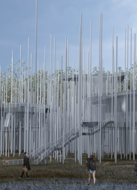 Reflective Metal Canopy Over Elevated Pathways in a Nature-Inspired Visitor Center  