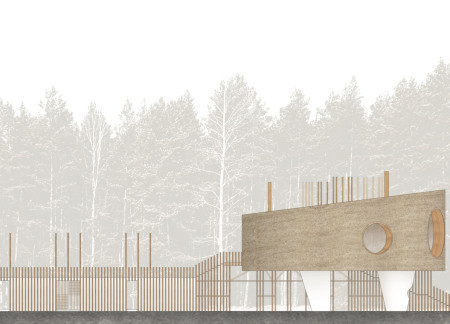 Charred Wooden Accents Within A Visitor Center Designed Around Natural Integration and Sustainable Cross-Laminated Timber Construction