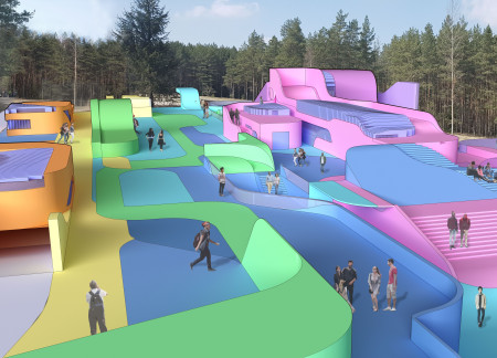 Fluid Geometry with Colorful Overshells Created from Charred Wood and Eco-Friendly Materials for a Nature-Inspired Visitor Center