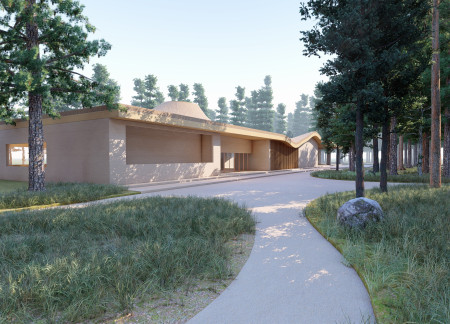 Curvilinear Form Wrapped in Charred Wood and Cross-Laminated Timber for Community Gathering