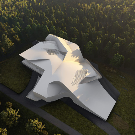 Elevated Structure of Curvilinear Forms Emphasizing Transparent Walls and Natural Light in a Visitor Center