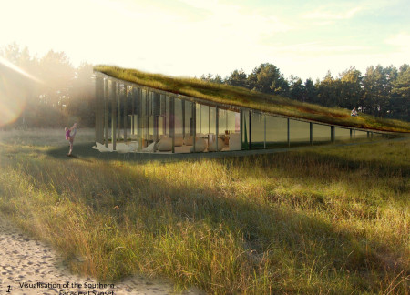Dimpled Roof and Larch Facade Enhancing Visitor Experience in a Nature Immersion Space  