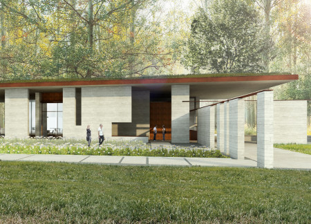 Visitor Center with a Fragmented Form and Vegetated Roof Featuring Sustainable Materials in a Natural Landscape