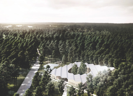 Rhomboid Form Enhanced by Timber and Glass Embracing Nature in a Visitor Center
