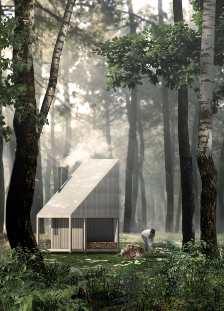 Asymmetrical Structure Emphasizing Plywood and Natural Light for a Sustainable Retreat  