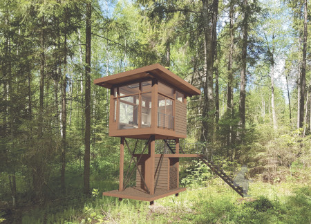 Elevated Meditation Space Crafted With Solid Wood and Glass Walls Nestled In a Forest  