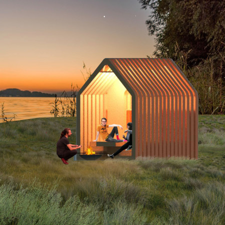 Spatial Harmony of Gabled Wooden Pavilion with Acrylic Transparency for Cyclists’ Refuge