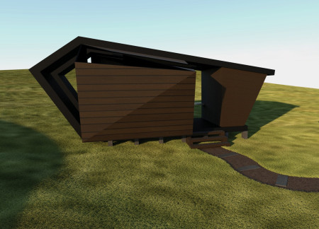 Hexagonal Structure Featuring Charred Wooden Shingles and Solar Energy Solutions for Cycling Rest Areas  